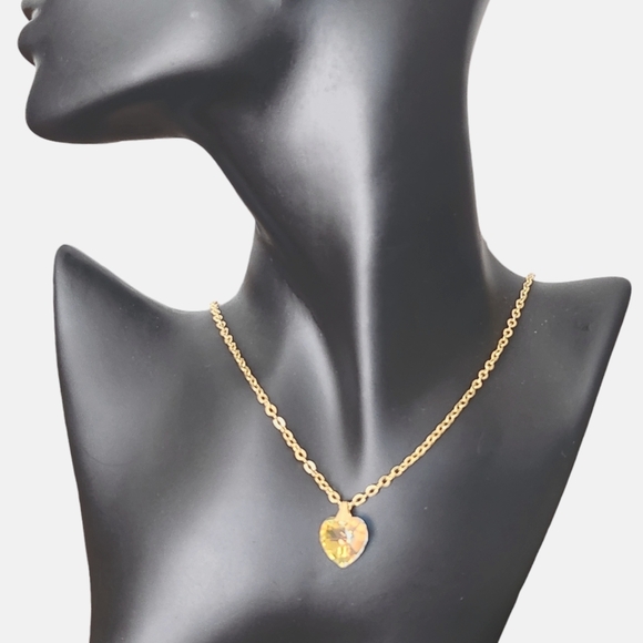Vintage Crystal Glass Prism Heart Pendant Chain 14K Gold Plated  Necklace - Picture 1 of 4